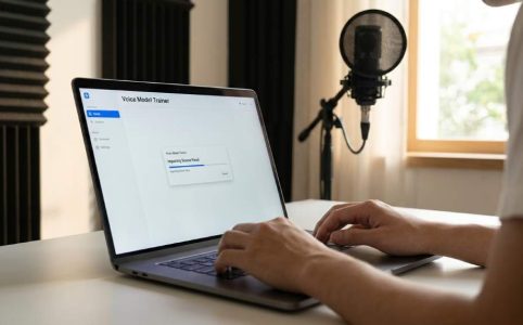 Person using AI software to create a legal song cover on a laptop