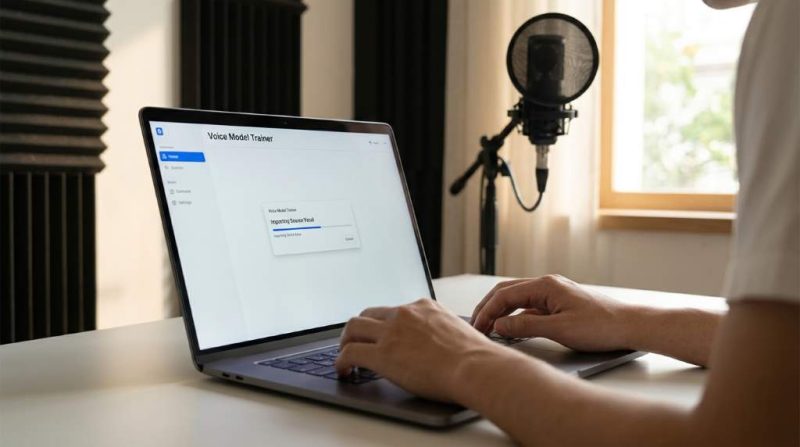 Person using AI software to create a legal song cover on a laptop