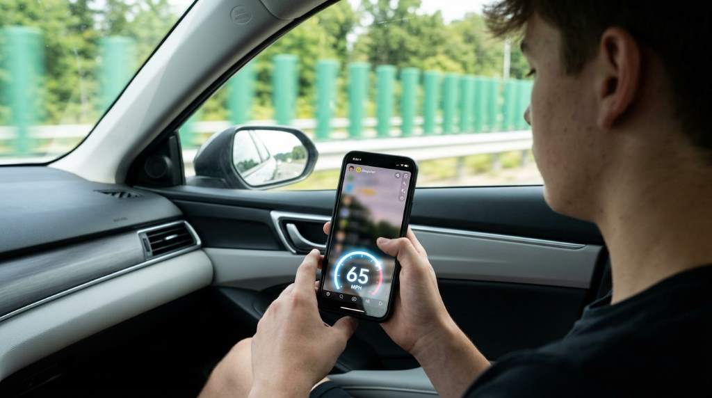 Person using Snapchat driving mode feature on iPhone inside a car