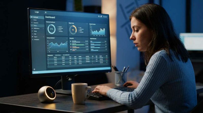 Professional using AI email automation dashboard on laptop in modern office