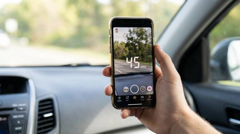 Snapchat speedometer filter showing speed on a smartphone screen while driving