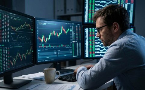 Business professional using AI arbitrage tools on a laptop