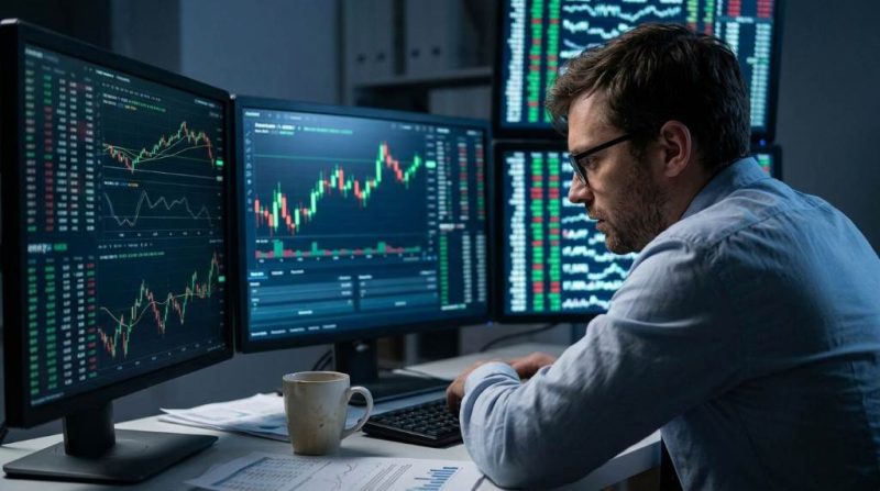 Business professional using AI arbitrage tools on a laptop