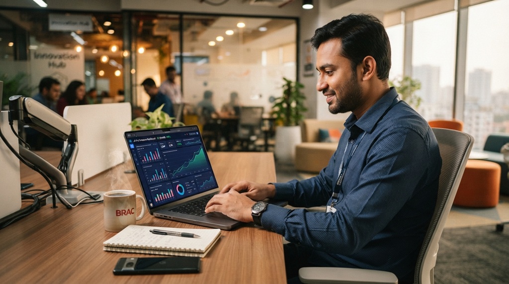 A man typing on a laptop displaying AI performance metrics next to coffee.