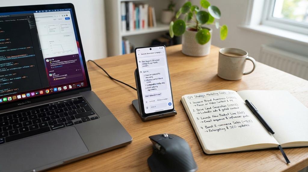 A smartphone showing a chatbot interface next to a notepad with strategy notes.