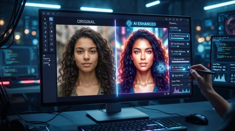 Split screen showing a portrait being enhanced with AI photo editing software.