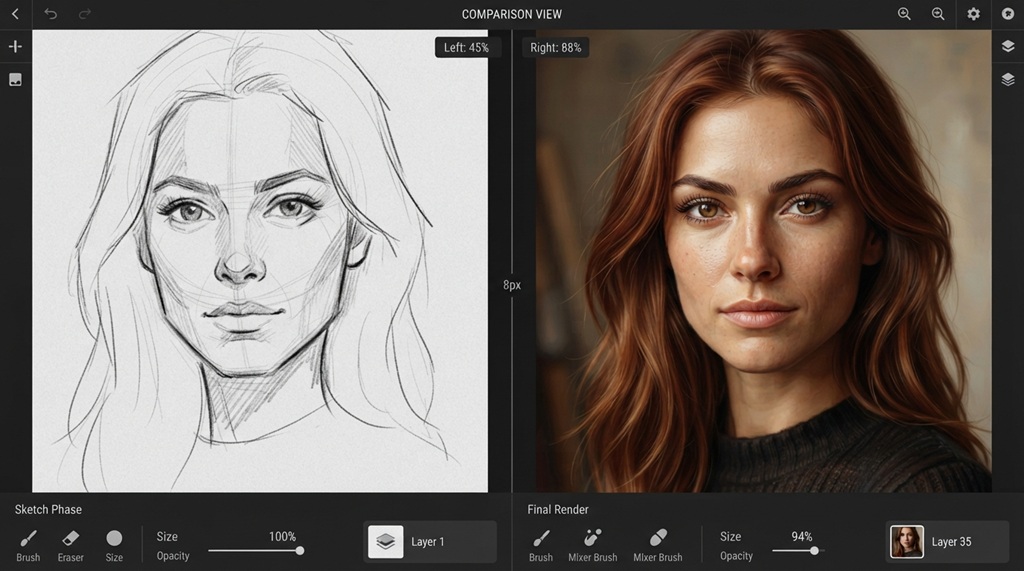 A side-by-side comparison of a simple sketch next to a photorealistic AI portrait.