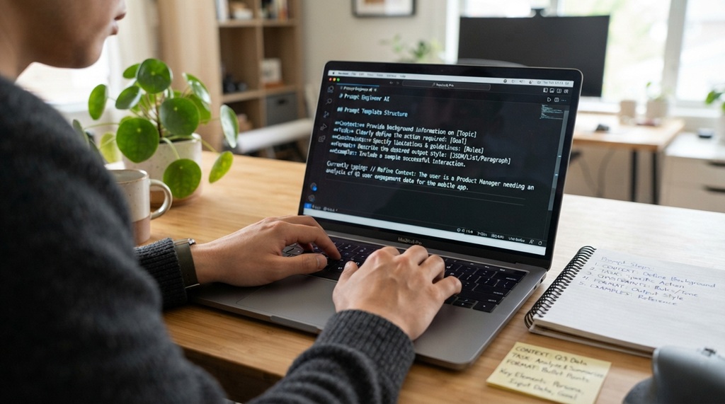 Person typing detailed prompt framework into laptop keyboard at modern desk.