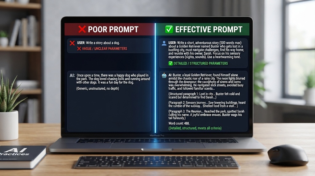 A split screen showing weak versus optimized AI prompts on a monitor.