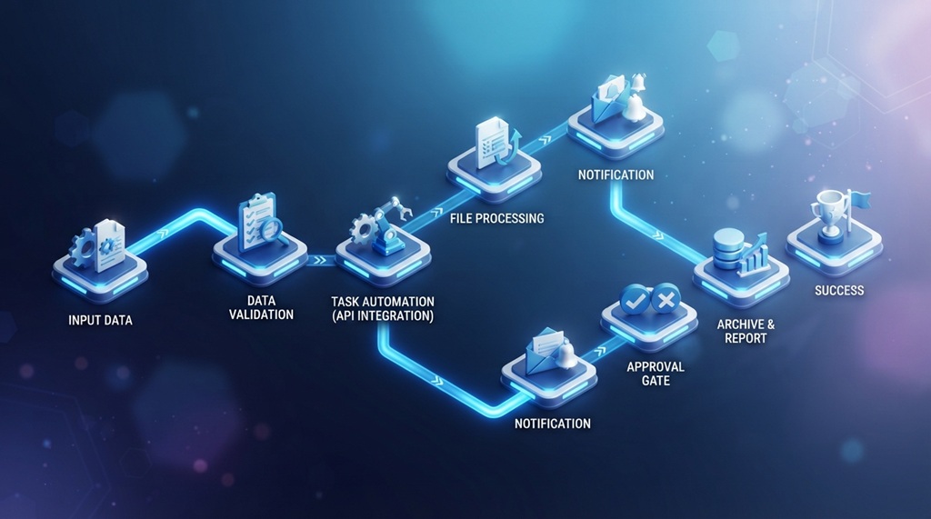 A clean flowchart diagram showing interconnected steps for automated daily tasks.