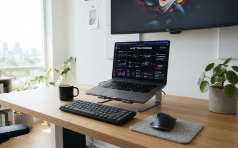 Laptop screen showing an active automation workflow dashboard on a brightly lit modern desk.