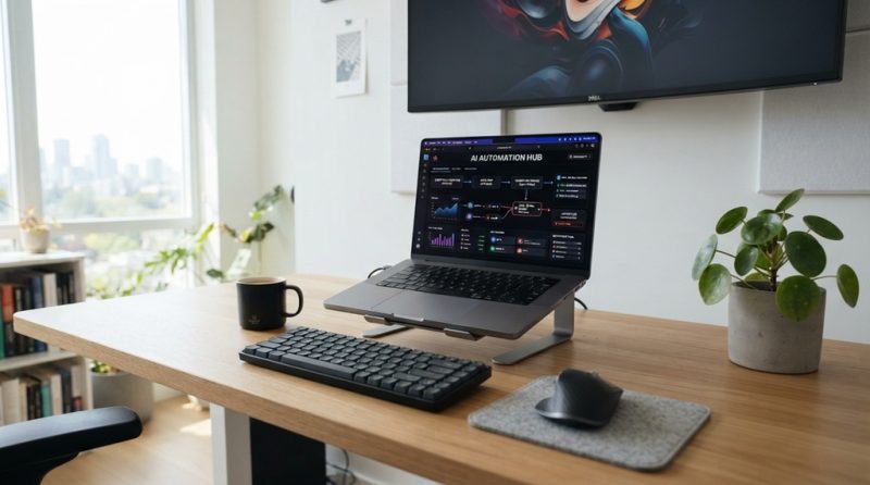 Laptop screen showing an active automation workflow dashboard on a brightly lit modern desk.