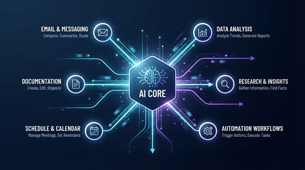 Diagram illustrating automated AI software nodes connected by digital lines.
