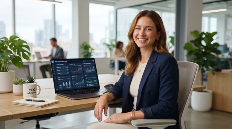 Professional using a laptop showing automated AI dashboard metrics and charts.