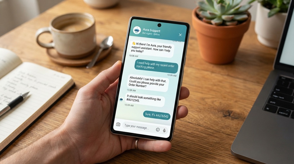 Mobile phone screen displaying an active automated customer chat conversation.
