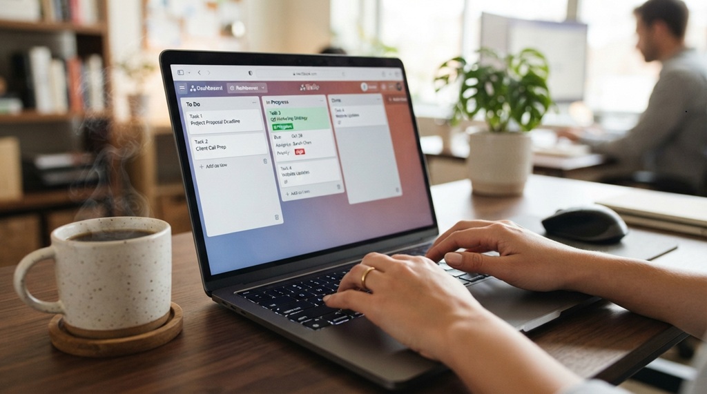 Person typing on a laptop with daily automated task cards visible on the display.