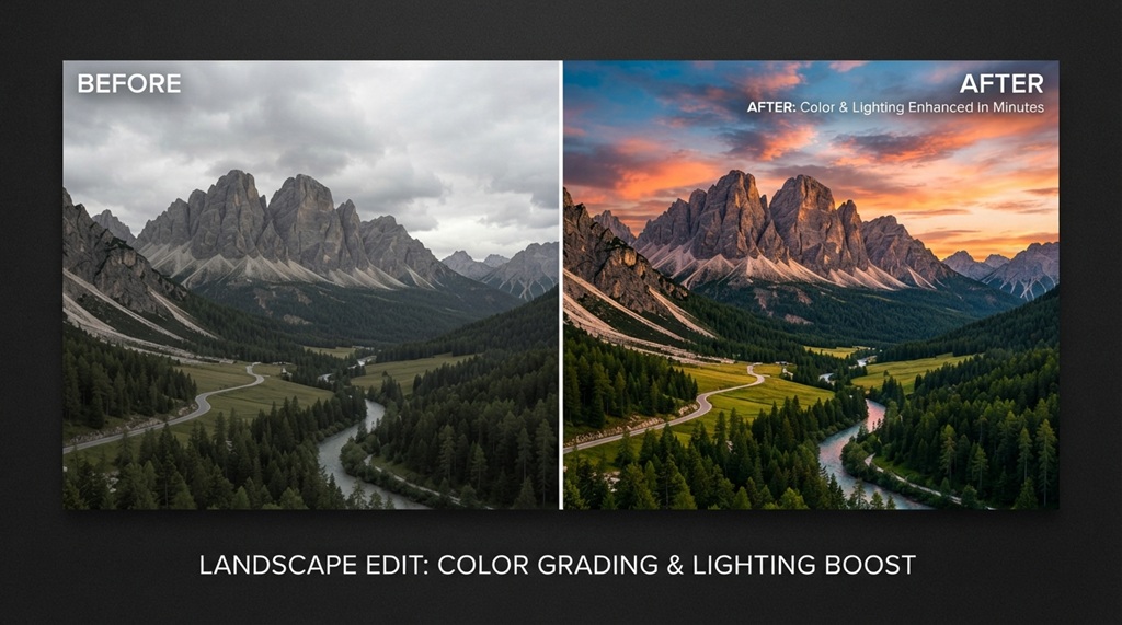 Before and after comparison of a landscape photo enhanced with AI tools.