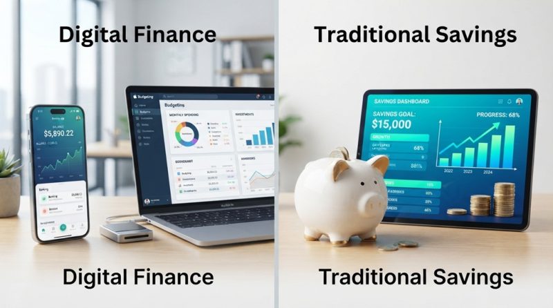 A piggy bank next to a modern smartphone and a digital budget dashboard.