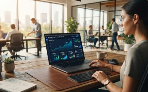 A laptop displaying AI marketing analytics and growth charts on a wooden desk.
