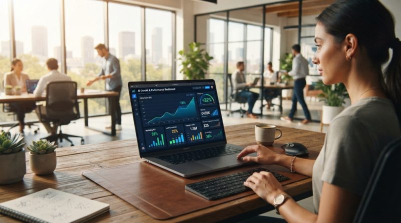 A laptop displaying AI marketing analytics and growth charts on a wooden desk.