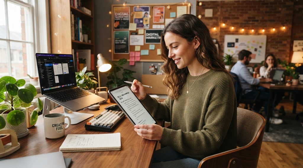 A marketer using a tablet to review AI generated copy in an office.