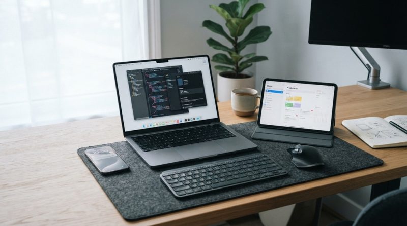 A smartphone, modern laptop, and tablet neatly arranged on a wooden desk.