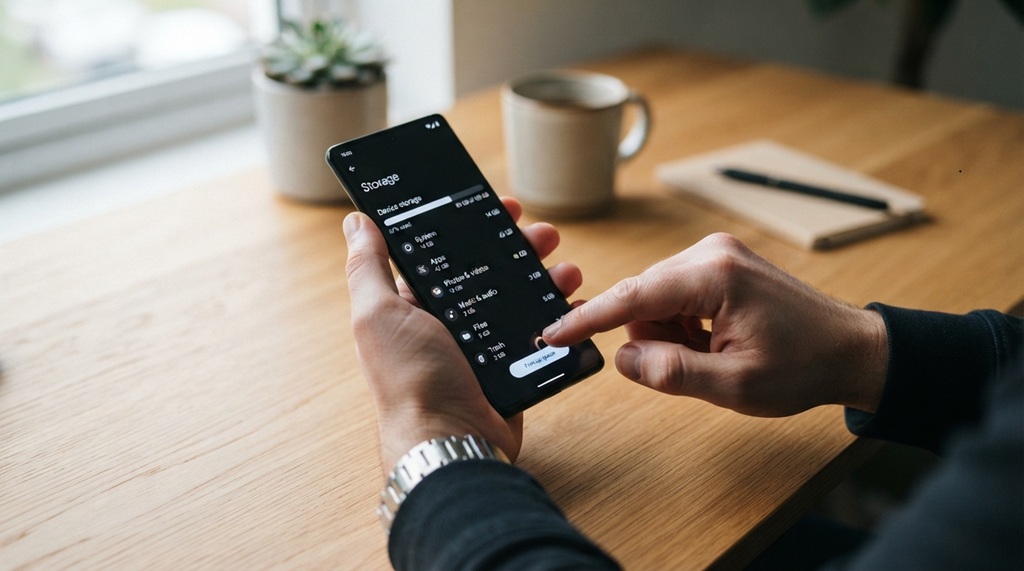 Hands holding a smartphone to clear storage and cache.