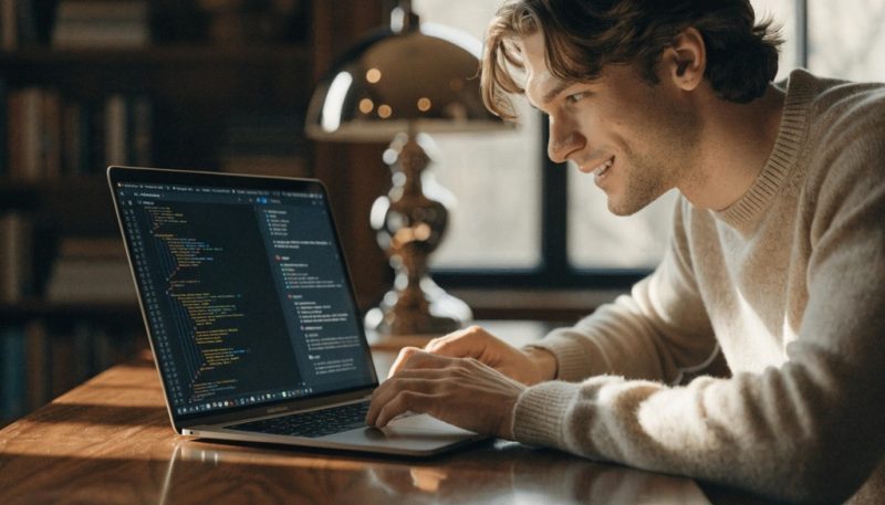 Man sitting at desk smiling at laptop showing AI coding assistant interface.