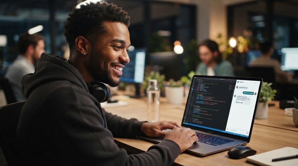 A man smiling at his laptop while using an AI coding assistant.