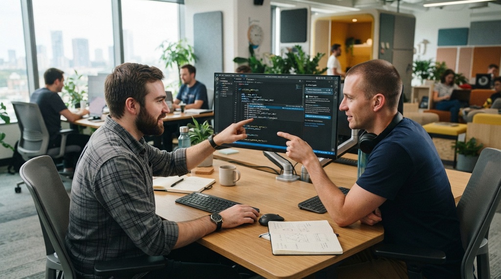 Two men working together on laptop using AI assistant tool to write code.