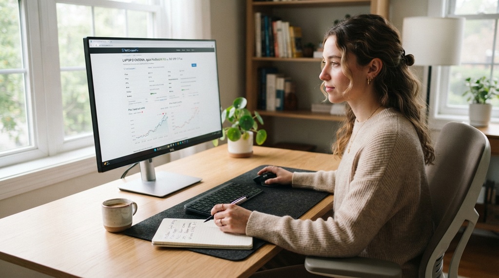 A woman reviewing laptop price comparisons and specifications on a desktop monitor.