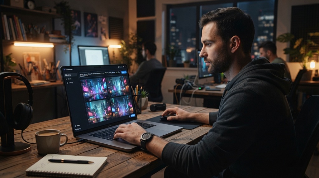 Man using AI image generator interface on laptop screen.