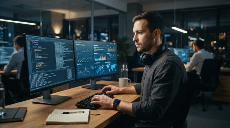 A male analyst examining digital text code patterns on twin monitors in a modern office.