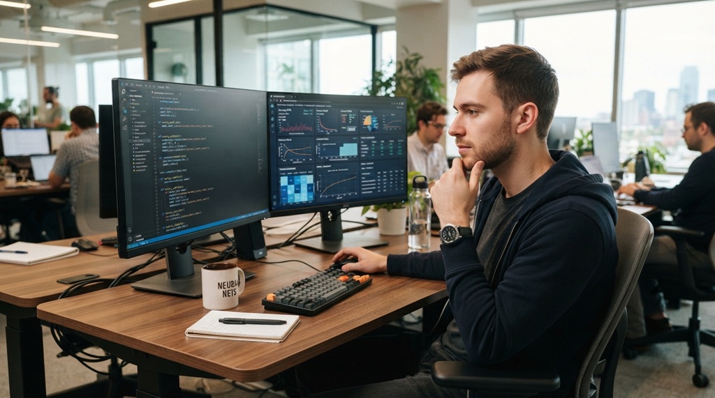 A male developer analyzing code performance on dual monitor screens in an office.