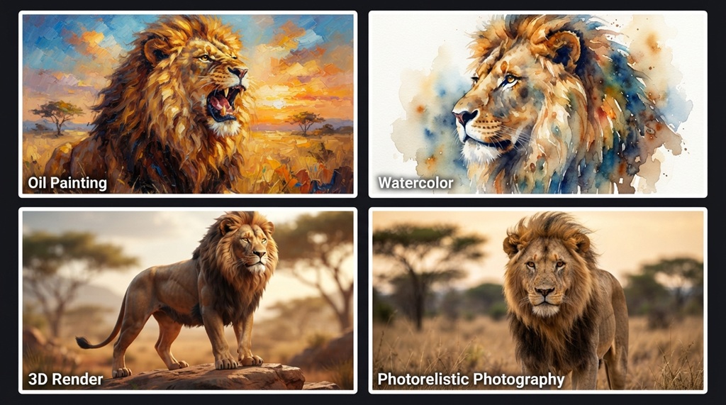 A grid showcasing four distinct art styles created using professional AI image prompts.