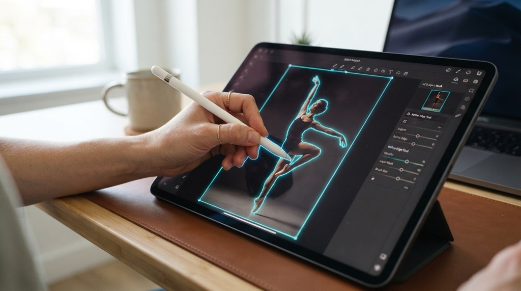 Person using a stylus on a tablet to edit photos with AI tools.