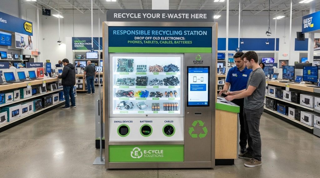An e-waste recycling collection kiosk inside a modern retail store.