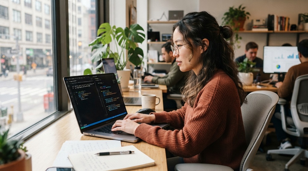 Woman typing prompts on laptop while review AI generated code suggestions.