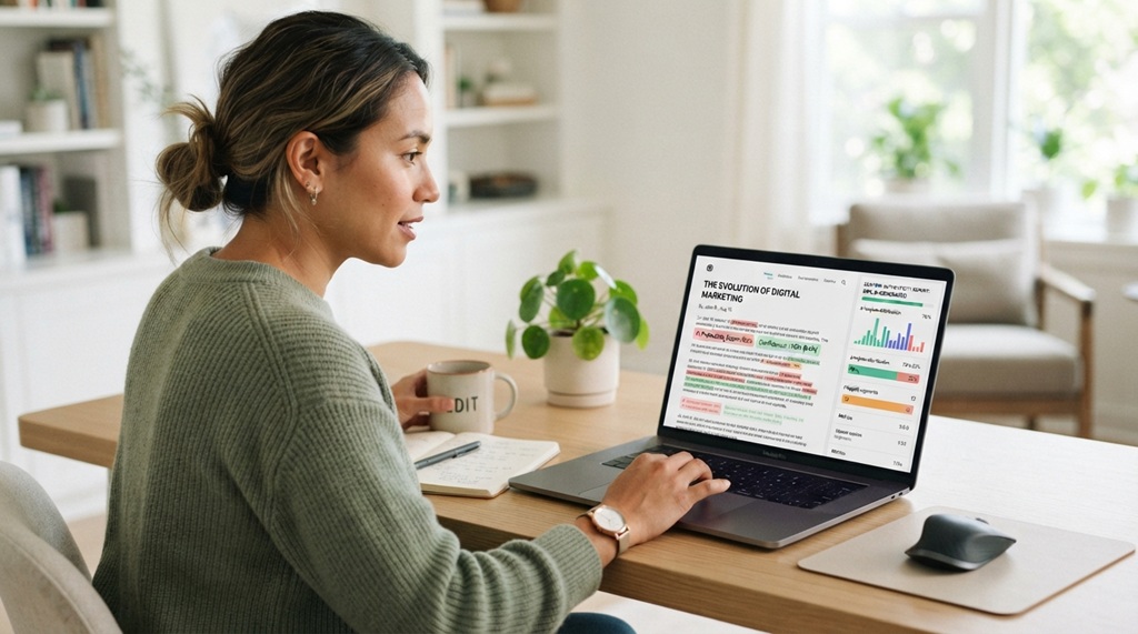 A female editor reviewing flagged AI-generated text scores on her laptop screen at a desk.