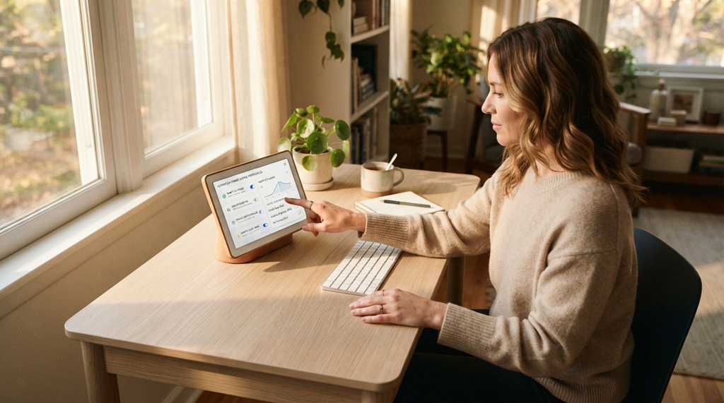Woman tapping smart home hub touchscreen to configure advanced hidden energy settings.
