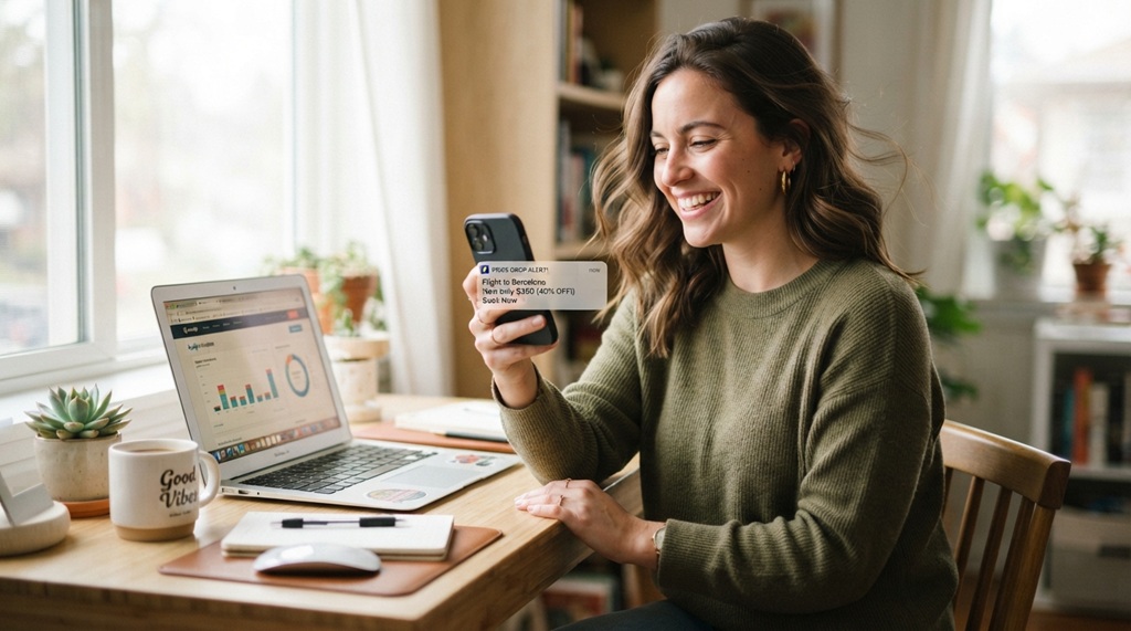 A woman holding a phone with a price drop alert notification on screen.