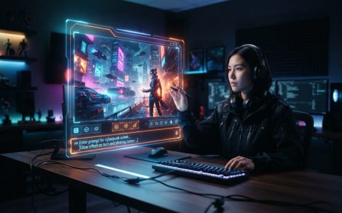 A glowing holographic screen displaying vibrant digital art created with an AI prompt.