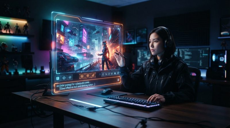 A glowing holographic screen displaying vibrant digital art created with an AI prompt.