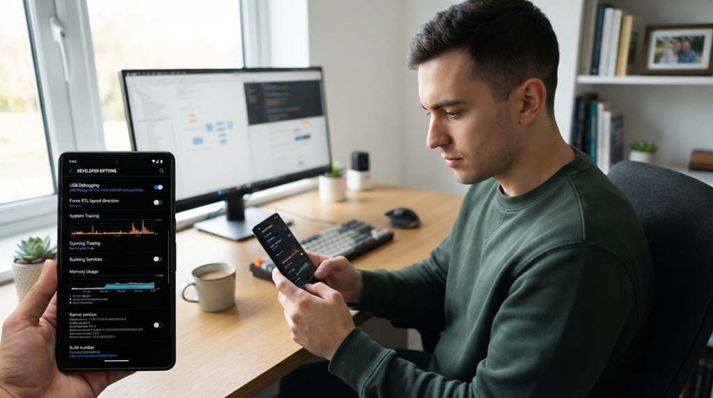 A man exploring settings to speed up his smartphone.
