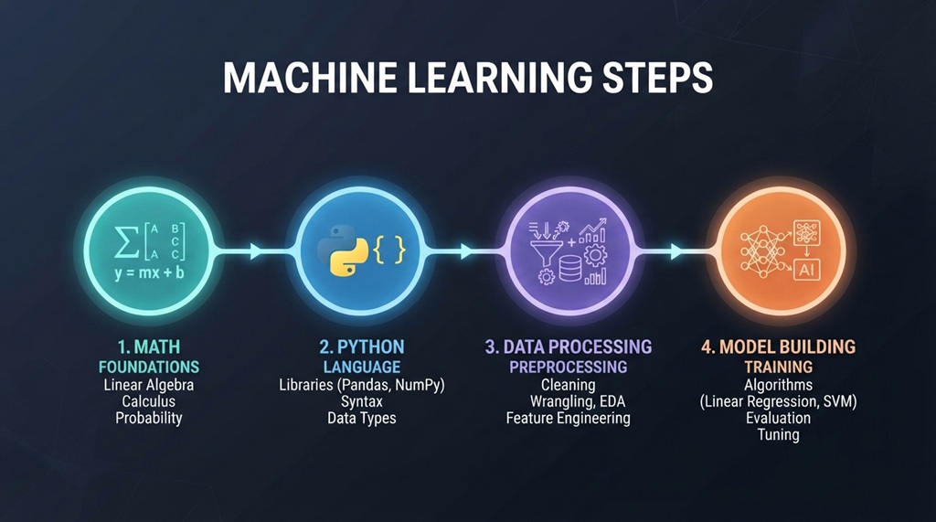 Infographic showing beginner steps from basic math to Python machine learning models.