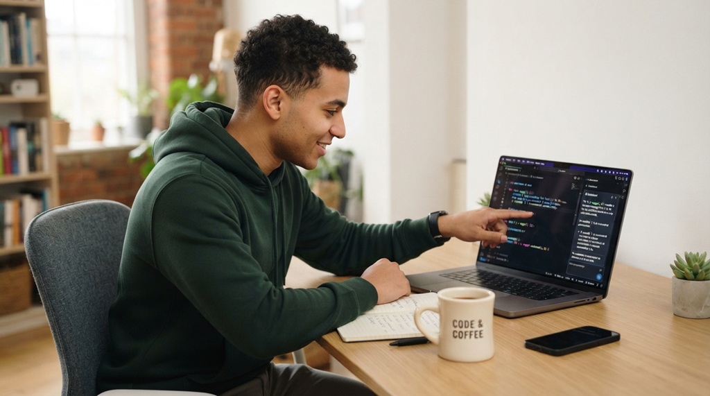 Man reviewing code line explanations on laptop screen with coffee mug nearby.