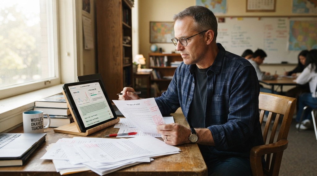 A male teacher comparing student paper essays with an AI text analysis tablet report.
