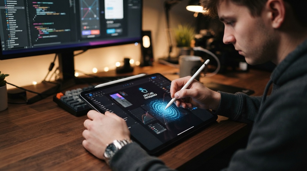 Man using stylus on digital tablet screen to activate hidden gesture control.