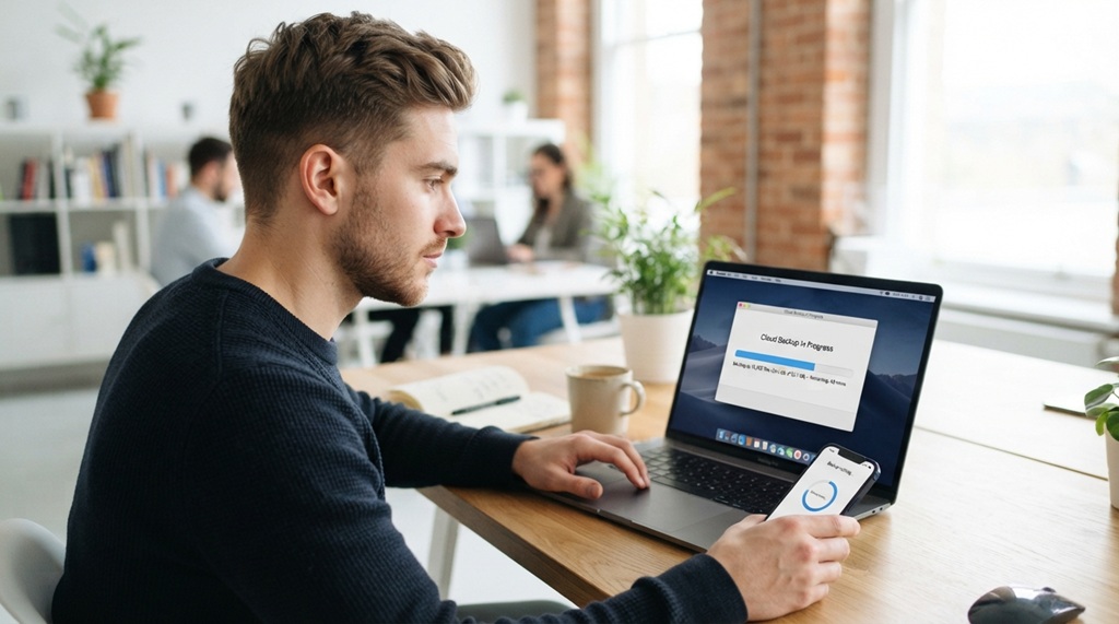 A man using a laptop to safely migrate data to a new device.