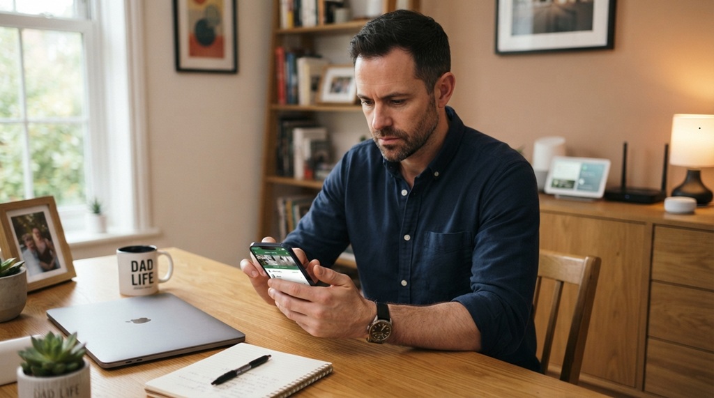 Man holding a smartphone adjusting smart home security settings at his desk.